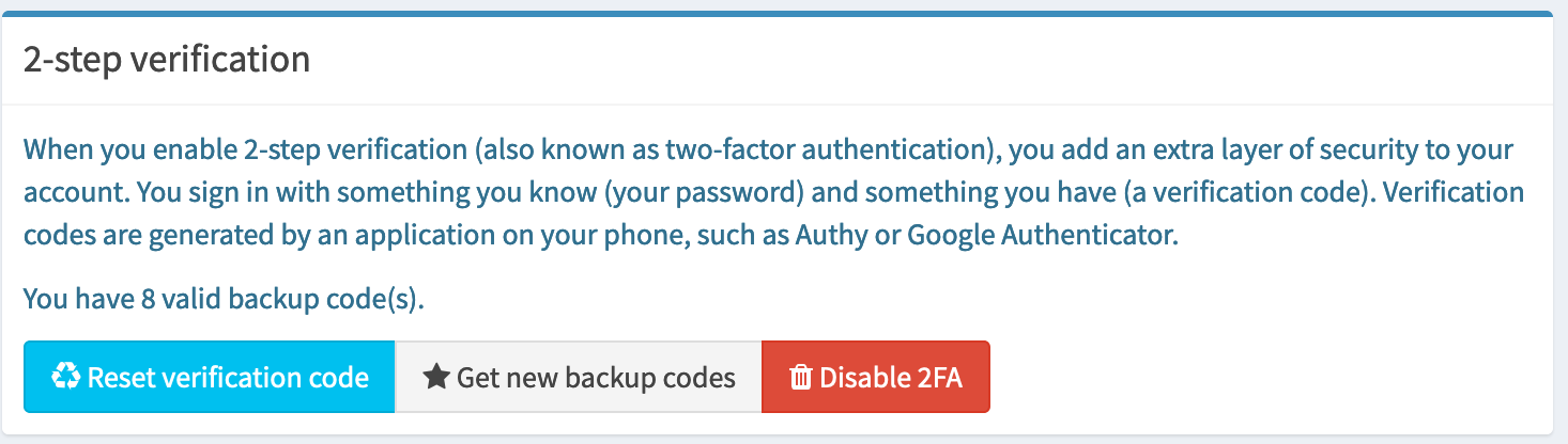 Options for 2FA.
