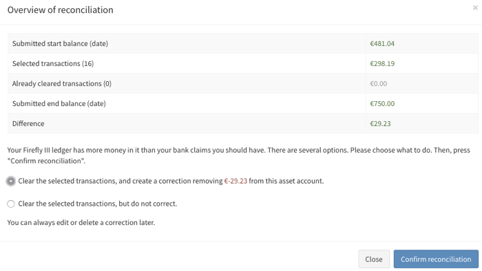 When your account is too full, you can allow Firefly III to create a corrective transaction.
